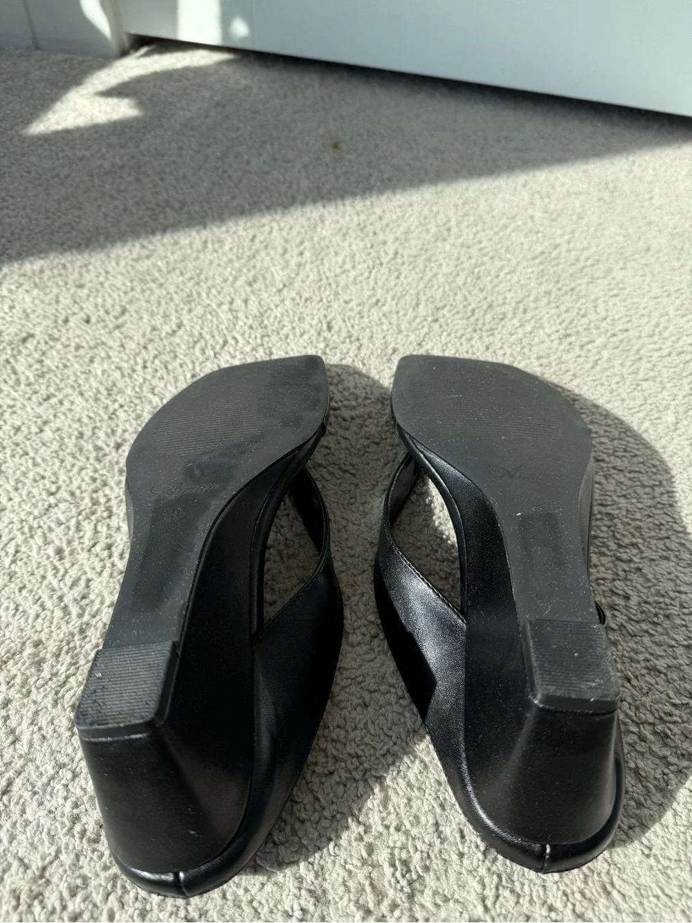 Black Leather Thong Heels with Square Toe - Women's